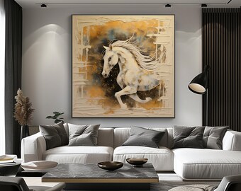 White Horse, 100% Handmade, Horse Portrait, Beige, Textured Painting, Acrylic Abstract Oil Painting, Wall Decor Living Room, Office Wall Art