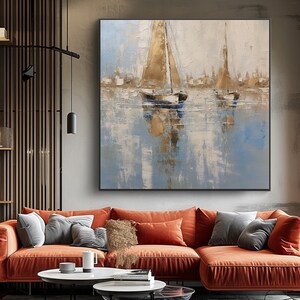 Boats and Sea Painting, 100% Hand Painted, Textured Painting, Acrylic Abstract Oil Painting, Wall Decor Living Room, Office Wall Art zdjęcie 5