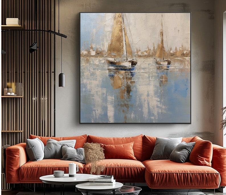 Boats and Sea Painting, 100% Hand Painted, Textured Painting, Acrylic Abstract Oil Painting, Wall Decor Living Room, Office Wall Art zdjęcie 5