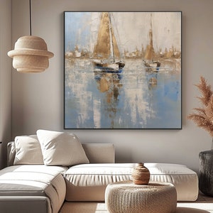 Peinture bateaux et mer, 100 % peint à la main, Tableau texturé, Peinture à l'huile abstraite acrylique, Décoration murale de salon, Art mural de bureau image 2