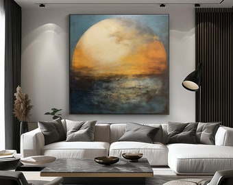 Coucher de soleil abstrait et mer, 100 % peint à la main, peinture texturée, peinture à l'huile abstraite acrylique, décoration murale de salon, oeuvre d'art murale de bureau