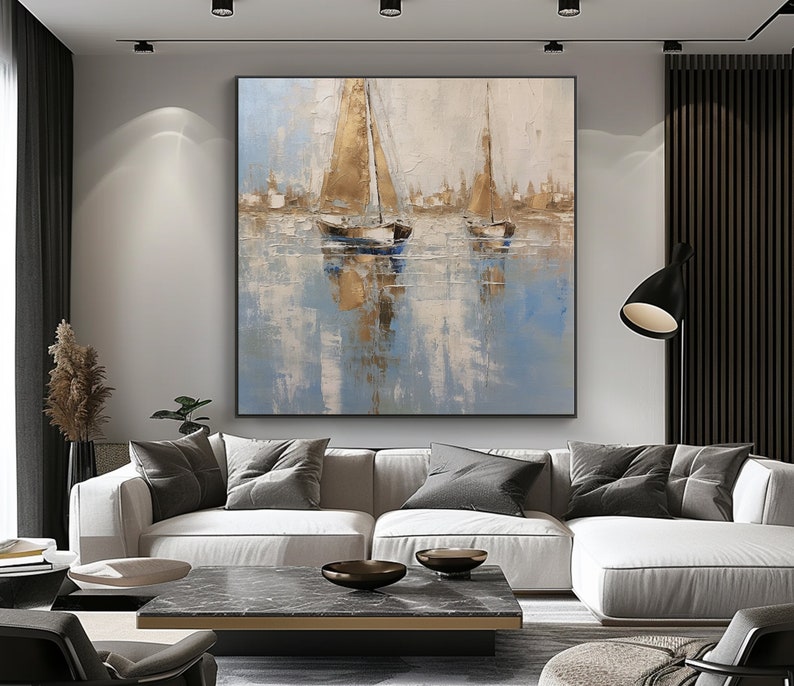 Boats and Sea Painting, 100% Hand Painted, Textured Painting, Acrylic Abstract Oil Painting, Wall Decor Living Room, Office Wall Art zdjęcie 1