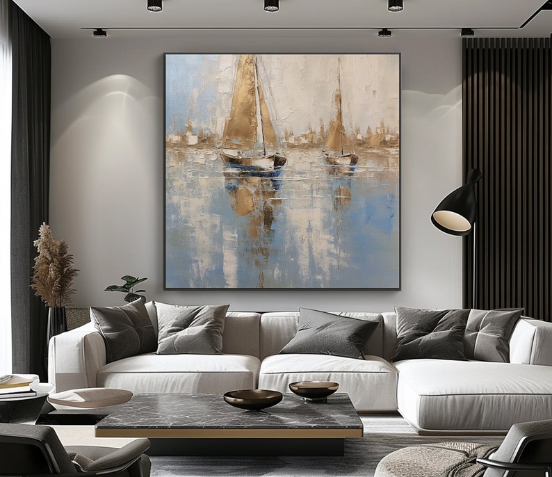 Peinture bateaux et mer, 100 % peint à la main, Tableau texturé, Peinture à l'huile abstraite acrylique, Décoration murale de salon, Art mural de bureau image 1