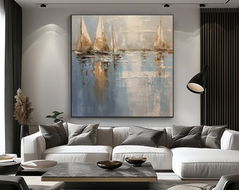 Peinture bateaux et mer, 100 % peint à la main, Tableau texturé, Peinture à l'huile abstraite acrylique, Décoration murale de salon, Art mural de bureau