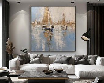 Peinture bateaux et mer, 100 % peint à la main, Tableau texturé, Peinture à l'huile abstraite acrylique, Décoration murale de salon, Art mural de bureau