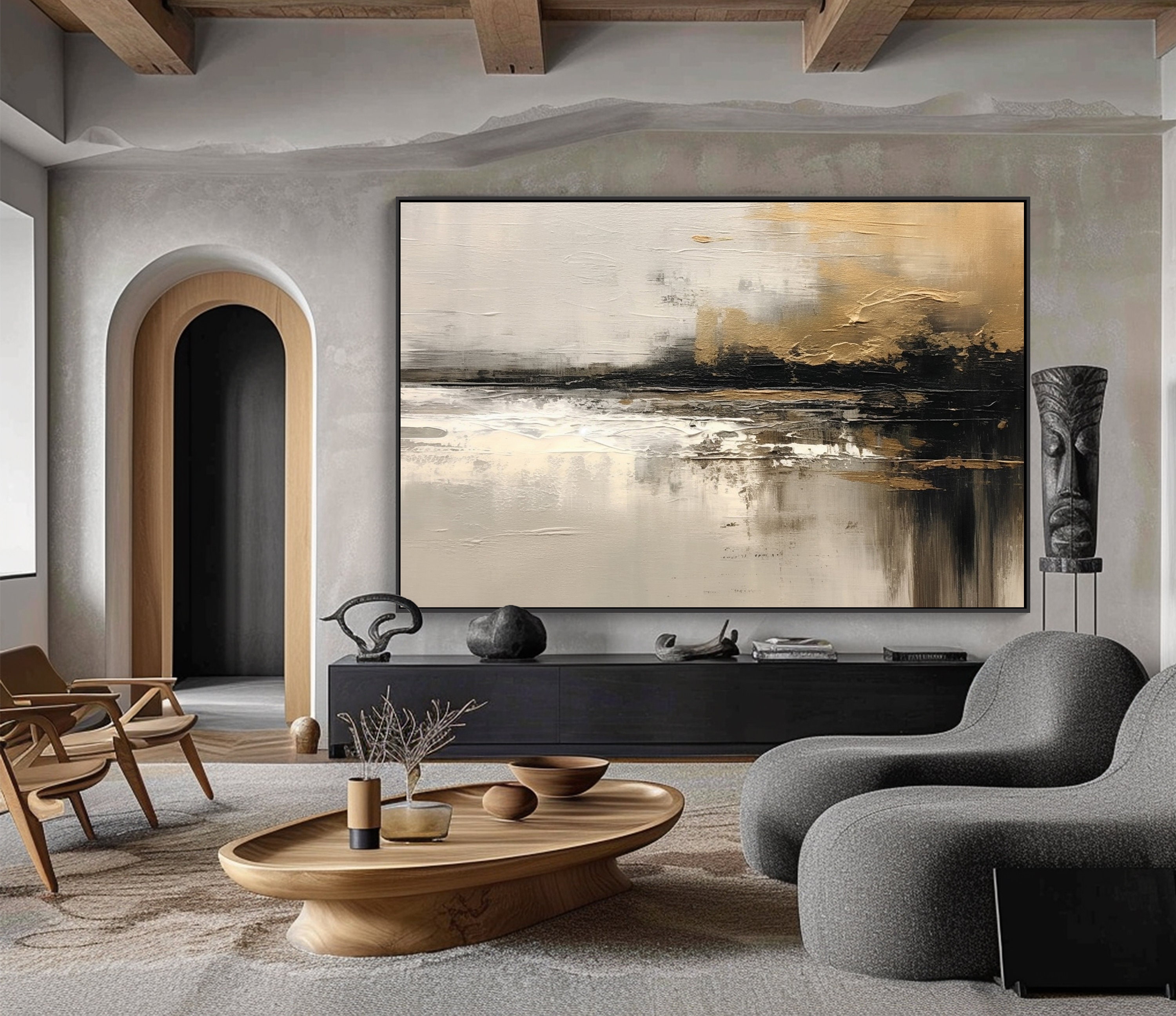 View of River, Black, Gold, 100% Hand Painted, Textured Painting, Acrylic ...