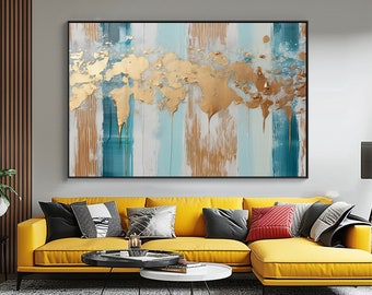 Gold, Plaed White Turquoise, 100% Hand Painted, Textured Painting, Acrylic Abstract Oil Painting, Wall Decor Living Room, Office Wall Art