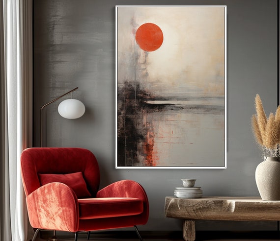 キャンバスに描かれた抽象的な太陽の油絵、オレンジ、黒、モダン