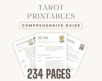May include: A printable guide to tarot cards with 234 pages. The guide includes images of the cards, descriptions, and keywords. The guide is titled "Tarot Printables Comprehensive Guide".