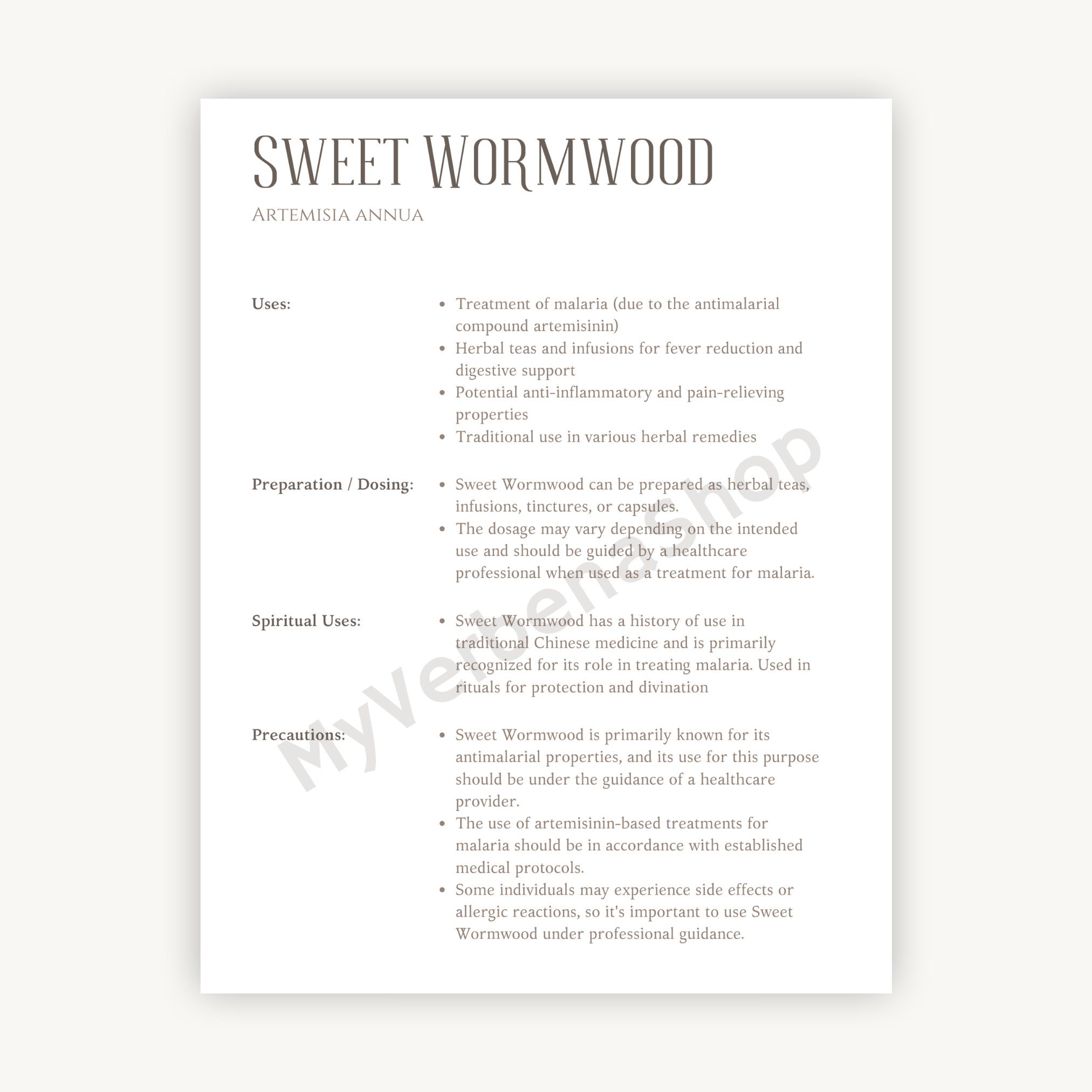 Sweet Wormwood Herbal Printable Detailed Plant Guide &amp; Uses Spiritual ...