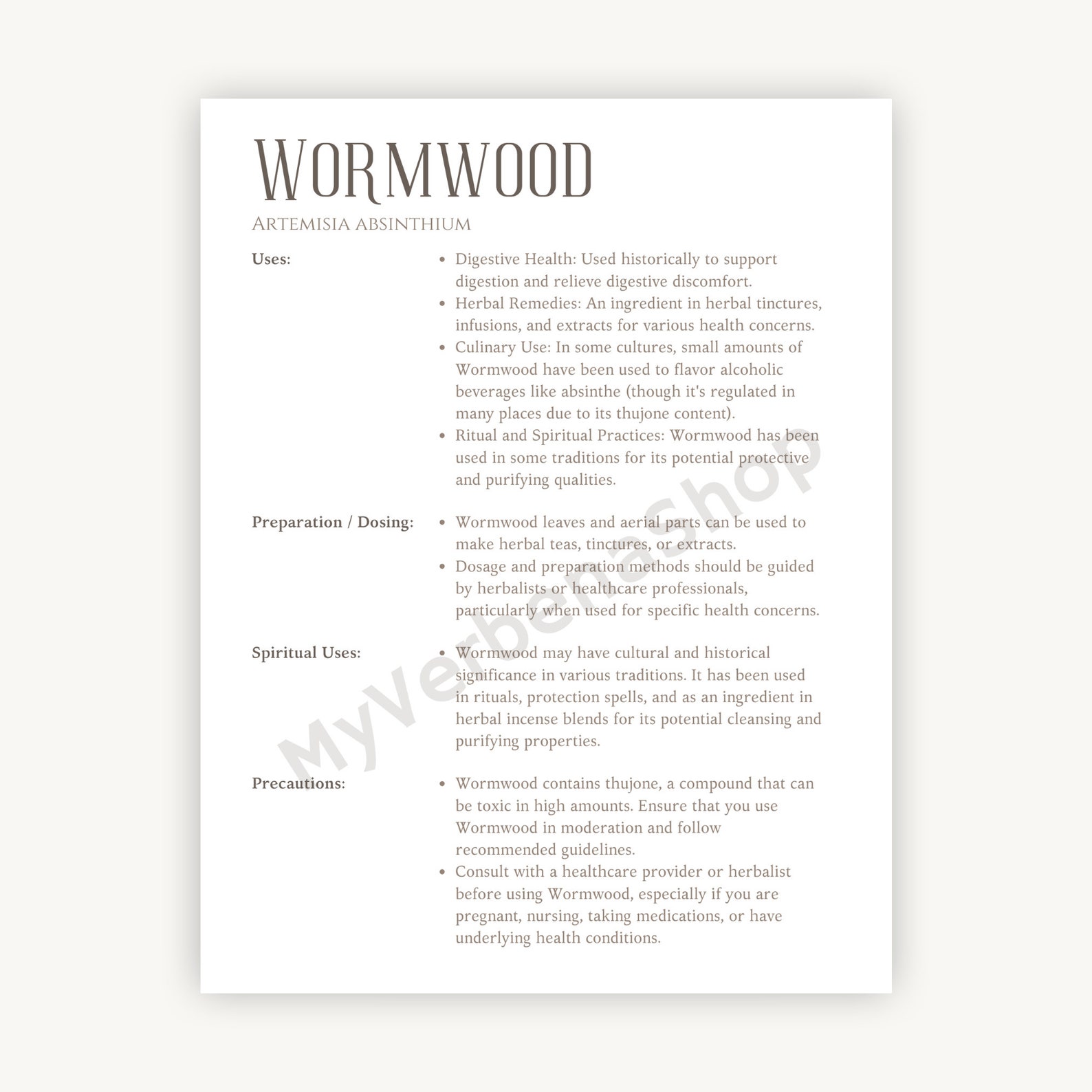 Wormwood Herbal Printable - Detailed Plant Guide &amp; Uses - Spiritual ...