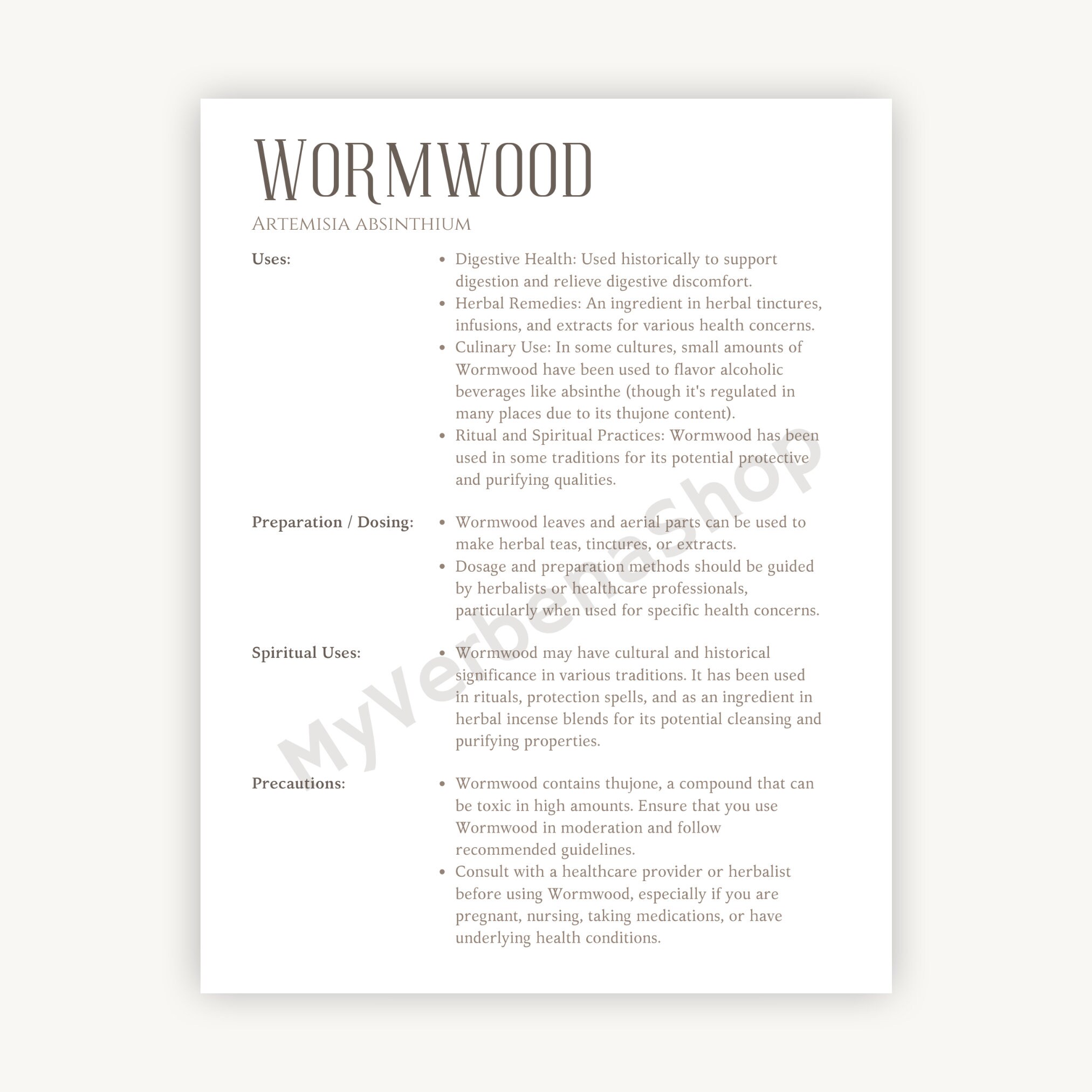 Wormwood Herbal Printable - Detailed Plant Guide &amp; Uses - Spiritual ...