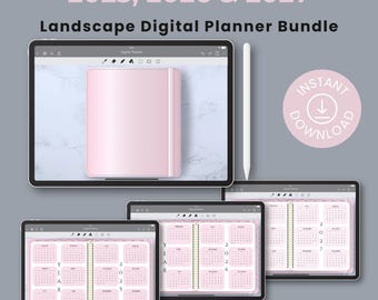 May include: A digital planner bundle for the years 2025, 2026, and 2027. The bundle includes three landscape-oriented planners, each with a pink and white color scheme. The planners are displayed on a tablet screen with a marble background.