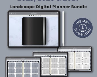 May include: A digital planner bundle for 2025, 2026, and 2027. The bundle includes three landscape-oriented planners, each with a black and white color scheme. The planners are displayed on a tablet screen with a marble background.
