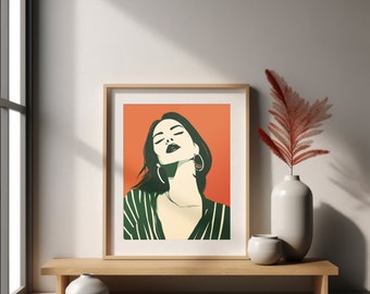 Illustrazione di ritratto di ragazza moderna, stampa murale massimalista colorata - Arte stampabile