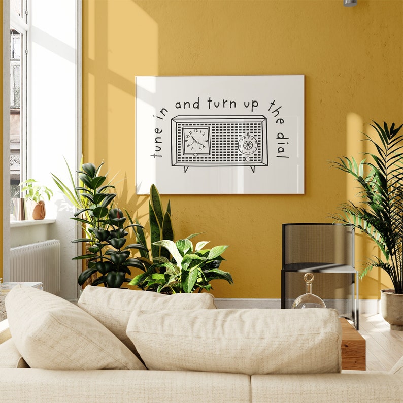 Radio Vintage Quote Print, Music Retro Wall Art, Mid Century Modern Decor, 50s Brainy Quote Printable Art, Line Art Poster Print, Typography