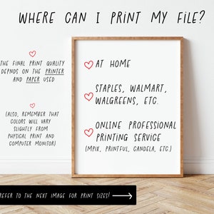 May include: A printable graphic with the text "WHERE CAN I PRINT MY FILE?" and a list of places to print, including "AT HOME", "STAPLES, WALMART, WALGREENS, ETC.", and "ONLINE PROFESSIONAL PRINTING SERVICE (MPIX, PRINTFUL, CANDELA, ETC.)".