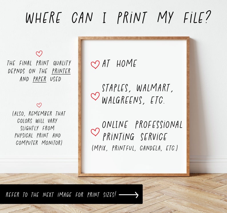 May include: A printable graphic with the text "WHERE CAN I PRINT MY FILE?" and a list of places to print, including "AT HOME", "STAPLES, WALMART, WALGREENS, ETC.", and "ONLINE PROFESSIONAL PRINTING SERVICE (MPIX, PRINTFUL, CANDELA, ETC.)".