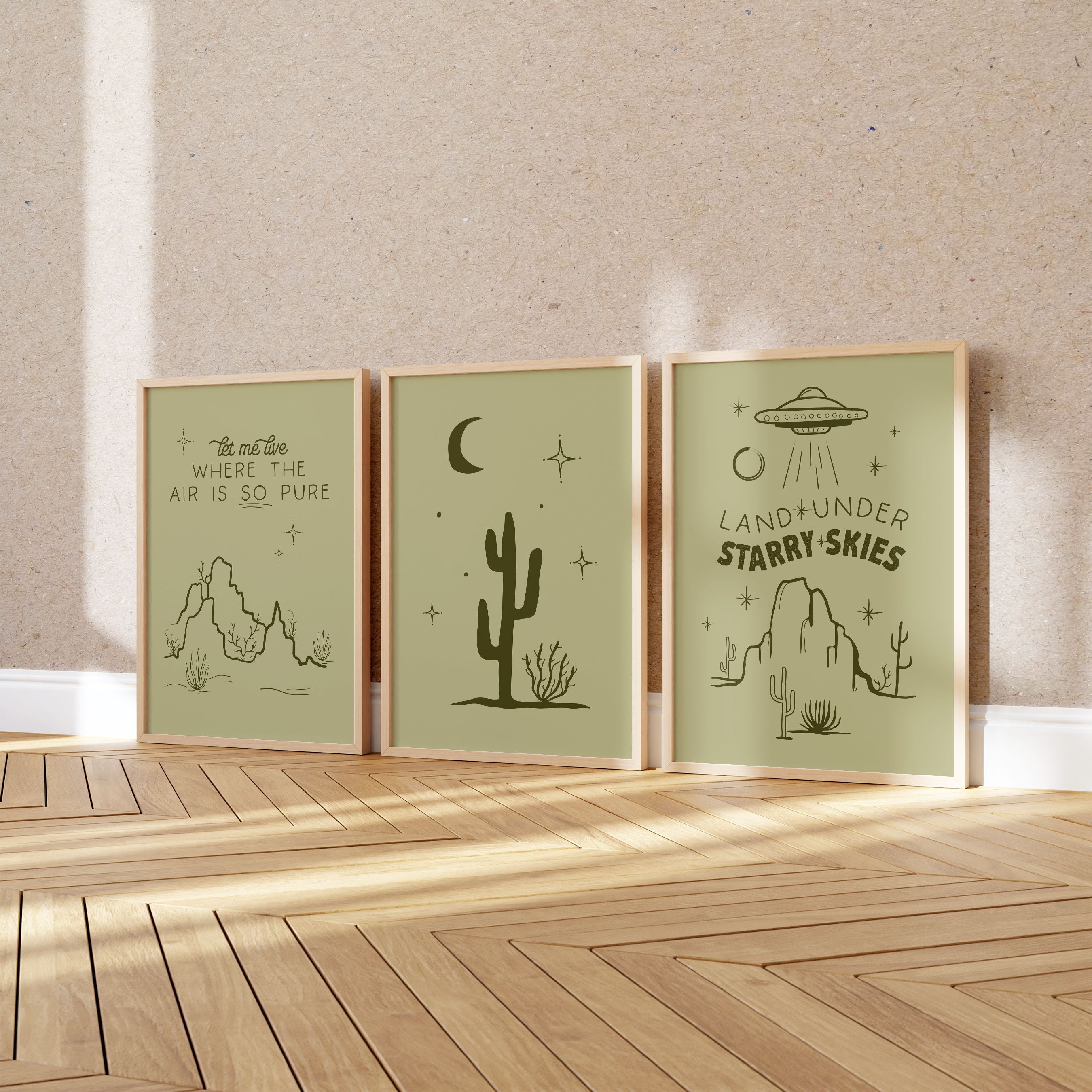 Western Landscape Poster Set of Three, Olive Green Cactus Art Prints ...