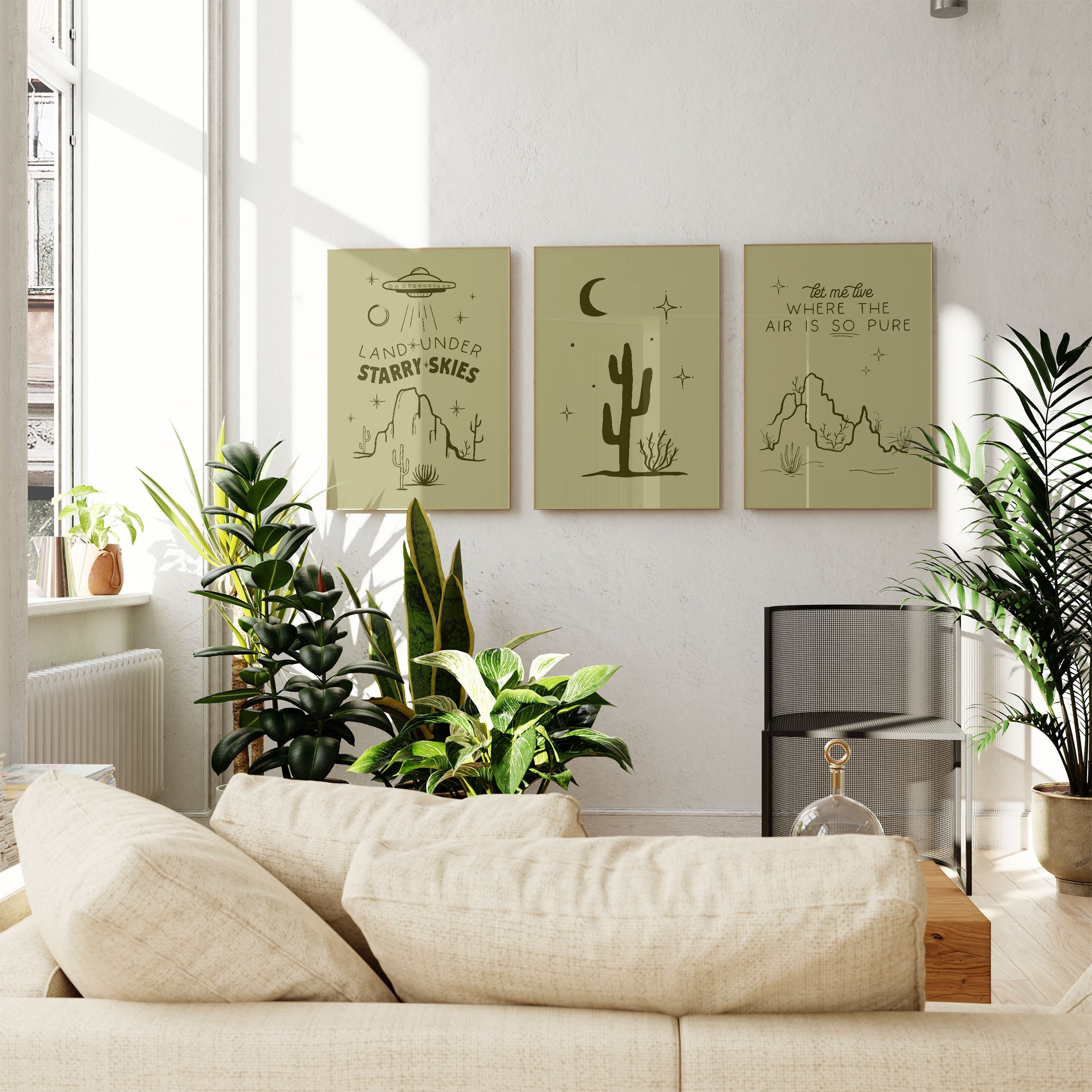 Western Landscape Poster Set of Three, Olive Green Cactus Art Prints ...