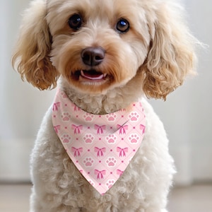 Coquette Dog Bandana, Tie On Printed Bandana for Dogs, Pink Dog Bandana, Bows and Paw Print Bandana