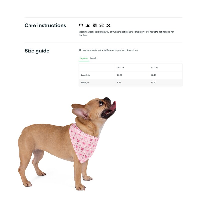 Może przedstawiać: Jasnobrązowy buldog francuski w r&oacute;żowym bandanie z nadrukiem łap. Bandana ma 50,8 cm długości i 24,8 cm szerokości. Instrukcje pielęgnacji: prać w pralce w zimnej wodzie, suszyć w suszarce bębnowej w niskiej temperaturze, nie wybielać, nie prasować, nie czyścić chemicznie.