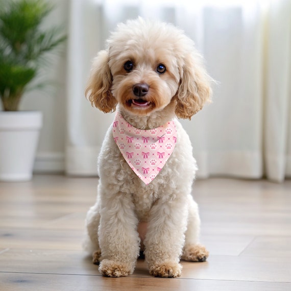Coquette Dog Bandana, Tie On Printed Bandana for Dogs, Pink Dog Bandana, Bows and Paw Print Bandana