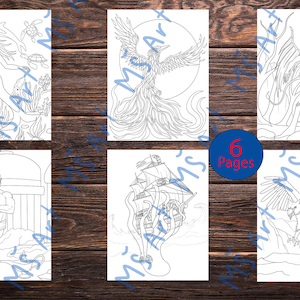 May include: Six-page coloring book featuring fantasy illustrations. Images include a mermaid with dolphins, a phoenix, a winged demon, a genie, a ship attacked by tentacles, and a griffin. The text "6 Pages" is in a blue circle.