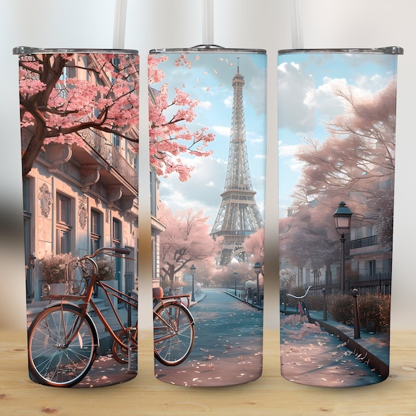 Romantic Paris Scene 20 oz Skinny Tumbler Sublimation Design, Eiffel Tower Blossom, Straight & Tapered Tumbler Wrap PNG, Instant Download