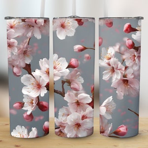 Floral Cherry Blossom 20 oz Skinny Tumbler Sublimation Design Spring Flowers, Elegant Straight and Tapered Tumbler Wrap PNG Instant Download