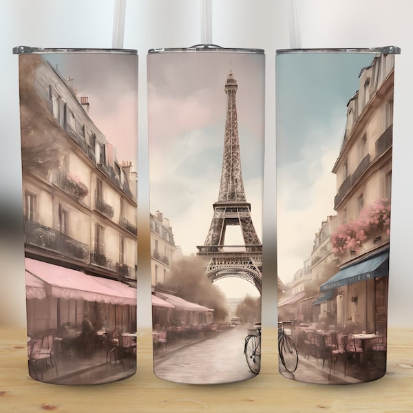 Parisian Street Scene 20 oz Skinny Tumbler Sublimation Design, Romantic Paris Cafe, Straight & Tapered, Tumbler Wrap PNG, Instant Download