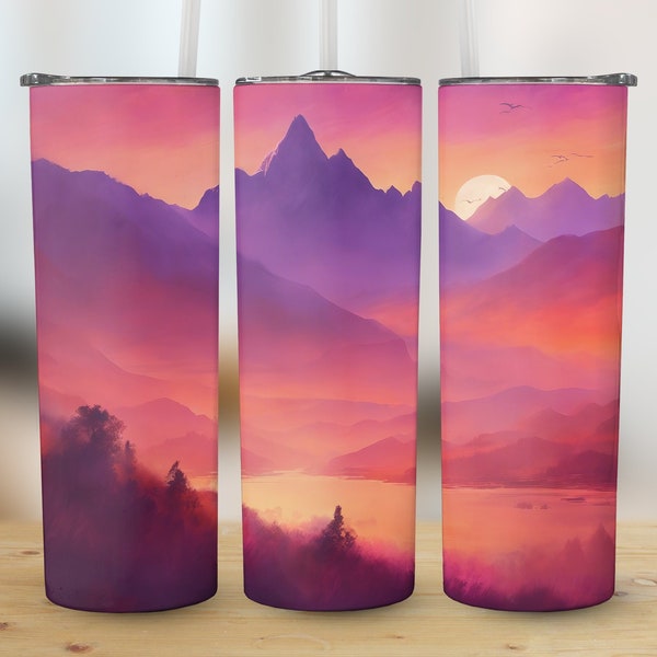 Sunset Mountain 20 oz Skinny Tumbler Sublimation Design, Gift for Hikers, Straight & Tapered, Tumbler Wrap PNG, Instant Download