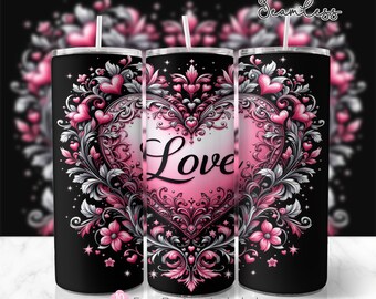 Love and Hearts 20oz Skinny Tumbler Wrap, Valentines Day Sublimation Design, Black and Pink Tumbler Wrap Template, PNG Digital Download