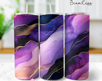 Marble 20 oz Seamless Skinny Tumbler Wrap, Purple Gold Sublimation Design, Alcohol Ink Digital Download PNG Instant Digital Only
