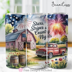 Stars Stripes Country Nights Tumbler Wrap, Farm Truck Barn Fireworks Sublimation PNG, 4th of July Patriotic 20oz Skinny Tumbler Wrap