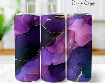 Marble 20 oz Seamless Skinny Tumbler Wrap, Purple Gold Alcohol Ink Sublimation Design Digital Download PNG Instant Digital Only
