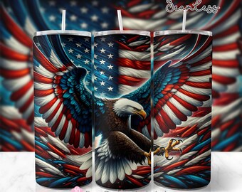 American Eagle Tumbler Wrap, 4th of July Patriotic Sublimation PNG, Flying Bald Eagle USA Flag Design, 20oz Skinny Tumbler Wrap Download