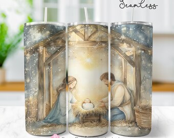 May include: A watercolor illustration of the nativity scene with Mary, Joseph, and baby Jesus in a manger. The scene is set in a wooden stable with a starry night sky. The image is perfect for a Christmas-themed tumbler design.