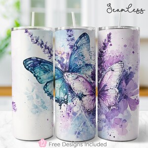 Envoltura para vaso sin costuras de 20 oz con diseño de mariposas azules y moradas, diseño de sublimación de acuarela de mariposa vintage, descarga digital PNG instantánea