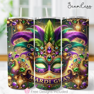 Mardi Gras Festive Mask 20oz Skinny Tumbler Wrap, Carnival NOVA Sublimation Design, New Orleans Tumbler Wrap Template, PNG Digital Download