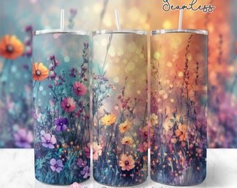 Glödande vildblomsfält 20 oz sömlös tumblerwrap, fältblommor sublimeringsdesign, blommönster, digital nedladdning PNG direkt digital