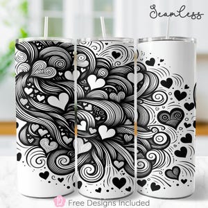 Embalagem para copo fino Doodle Hearts 20oz, design de sublimação, modelo de embalagem para copo para o Dia dos Namorados, download digital PNG preto e branco