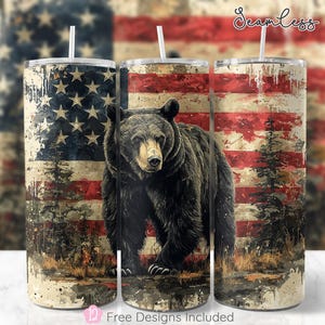 May include: A sublimation design featuring a black bear standing in front of an American flag with a distressed, vintage look. The design is perfect for creating custom tumblers, mugs, and other personalized items.
