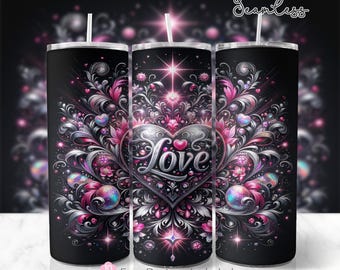 Valentines Day 20oz Skinny Tumbler Wrap, Black and Pink Sublimation Design, Love and Hearts Tumbler Wrap Template, PNG Digital Download