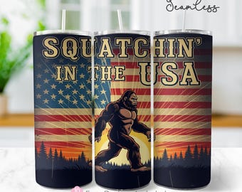 Patriotic Bigfoot USA Flag 20oz Tumbler Wrap PNG – Sasquatch Seamless Skinny Sublimation, Retro American Vintage Style Digital Download