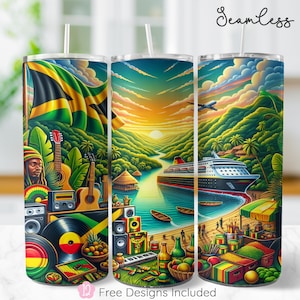 May include: A colorful tumbler with a tropical scene featuring a cruise ship, palm trees, and a Jamaican flag. The tumbler is made of stainless steel and has a double-walled design to keep drinks cold or hot.