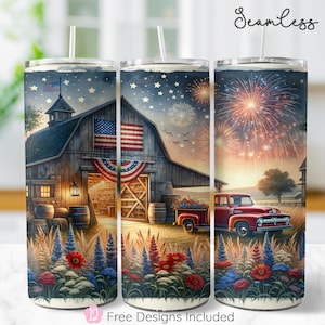 4th of July Barn Tumbler Wrap, 20oz Sublimation PNG, Rustic Patriotic Farm Design, Fireworks Red Truck Wrap, Seamless Digital Download