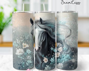 Adesivo para copo térmico com estampa floral preta brilhante de cavalo, 590 ml (20 oz), design de sublimação sem costura, arquivo PNG para download digital.