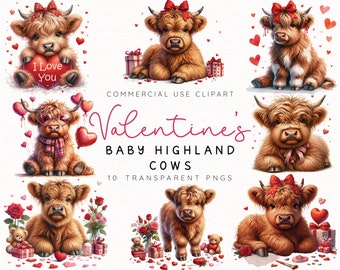 Clip art di mucca delle Highlands per San Valentino / PNG di mucca / Collezione di mucche a tema amore con acquerello / Pacchetto clipart / Uso commerciale / Animali da fattoria