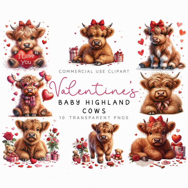 Valentine's Day Highland Cow Clip Art | Baby Cow PNG | Watercolor Love Themed Cow Collection | Clipart Pack | Commercial Use | Farm Animals image 1